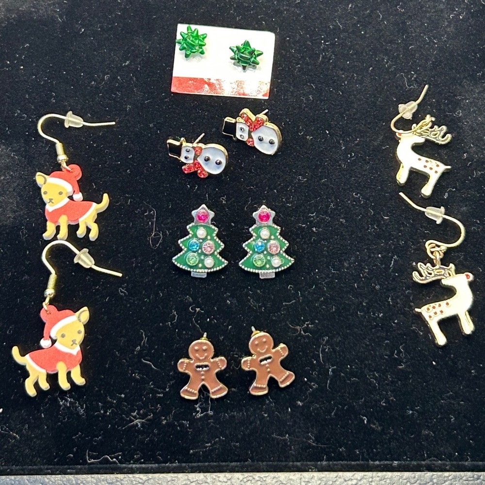 Christmas Earrings 5 Set Snowman Gingerbread Tree Reindeer Dog Holiday Jewelry